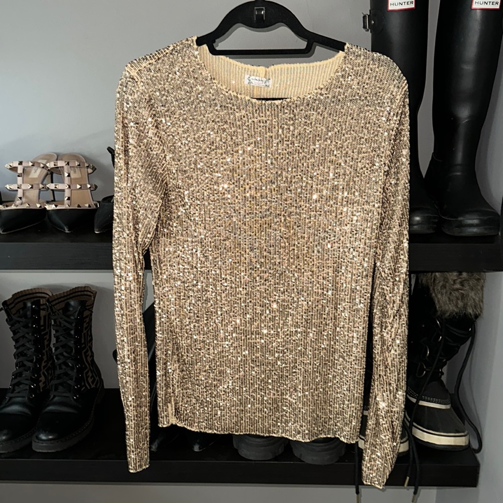 Free People sequin gold rush long sleeve tee M in gold
